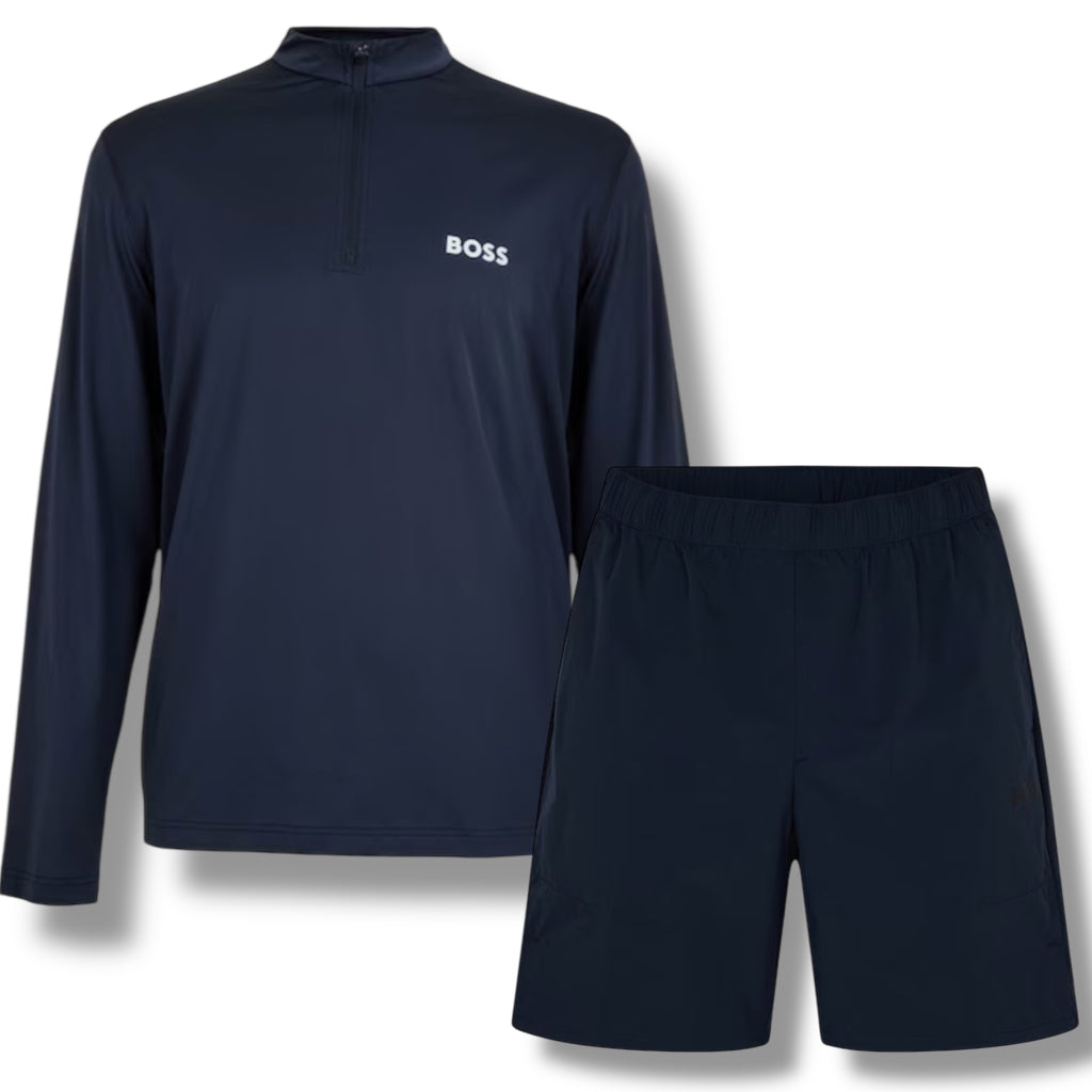 HUGO BOSS GYM KIT TECH 1/4 ZIP & SHORTS NAVY BLUE