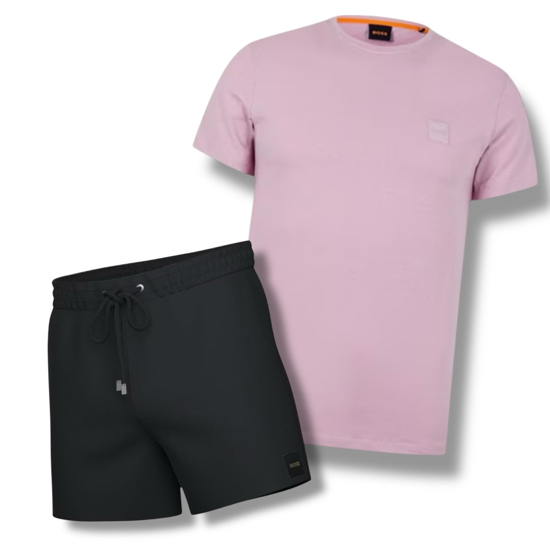 HUGO BOSS PATCH LOGO T-SHIRT & SWIM SHORTS COMBO PURPLE / BLACK