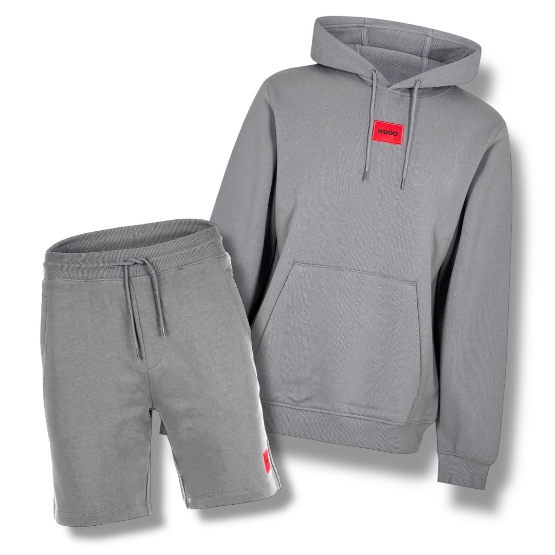 HUGO BOSS HUGO RED PATCH HOODIE & JERSEY SHORTS SET SLATE GREY