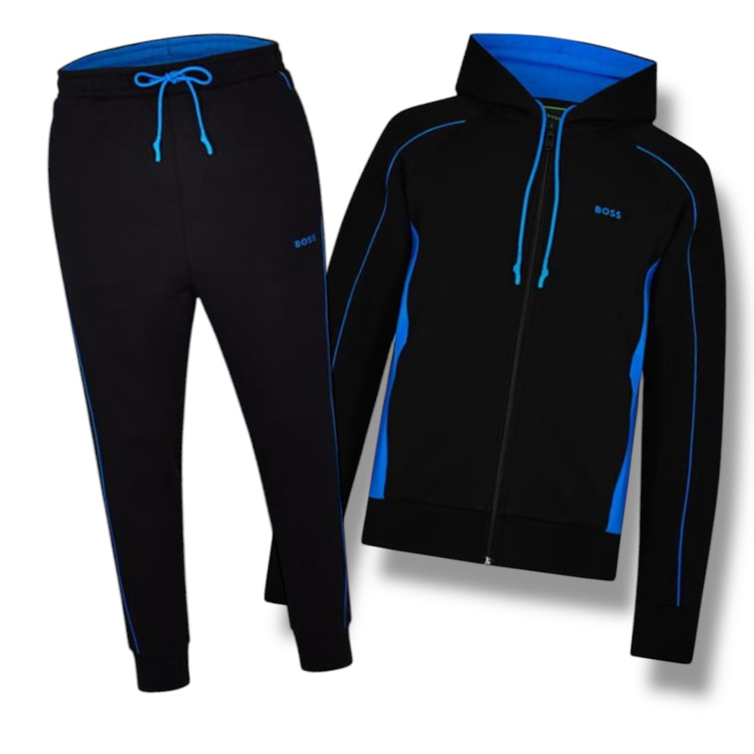 HUGO BOSS LOGO FULL ZIP HOODED TRACKSUIT BLACK / BLUE