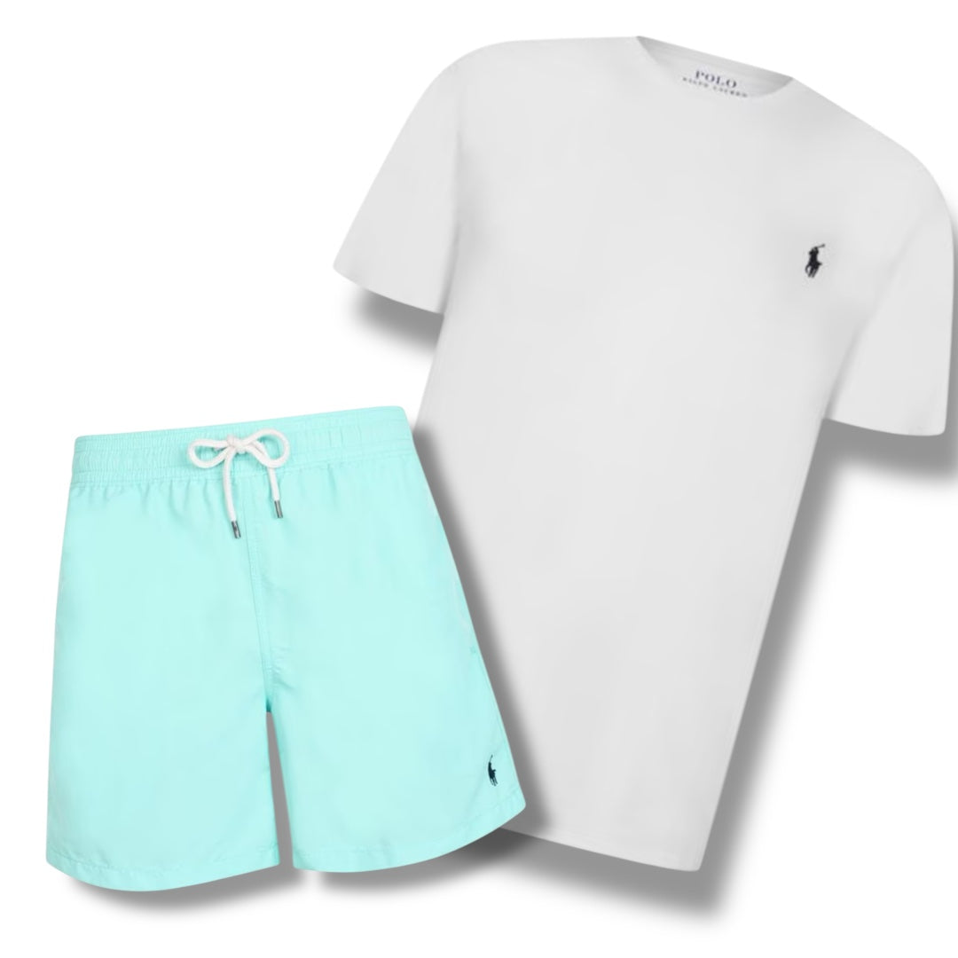 RALPH LAUREN T-SHIRT & SWIM SHORTS COMBO WHITE / TURQUOISE