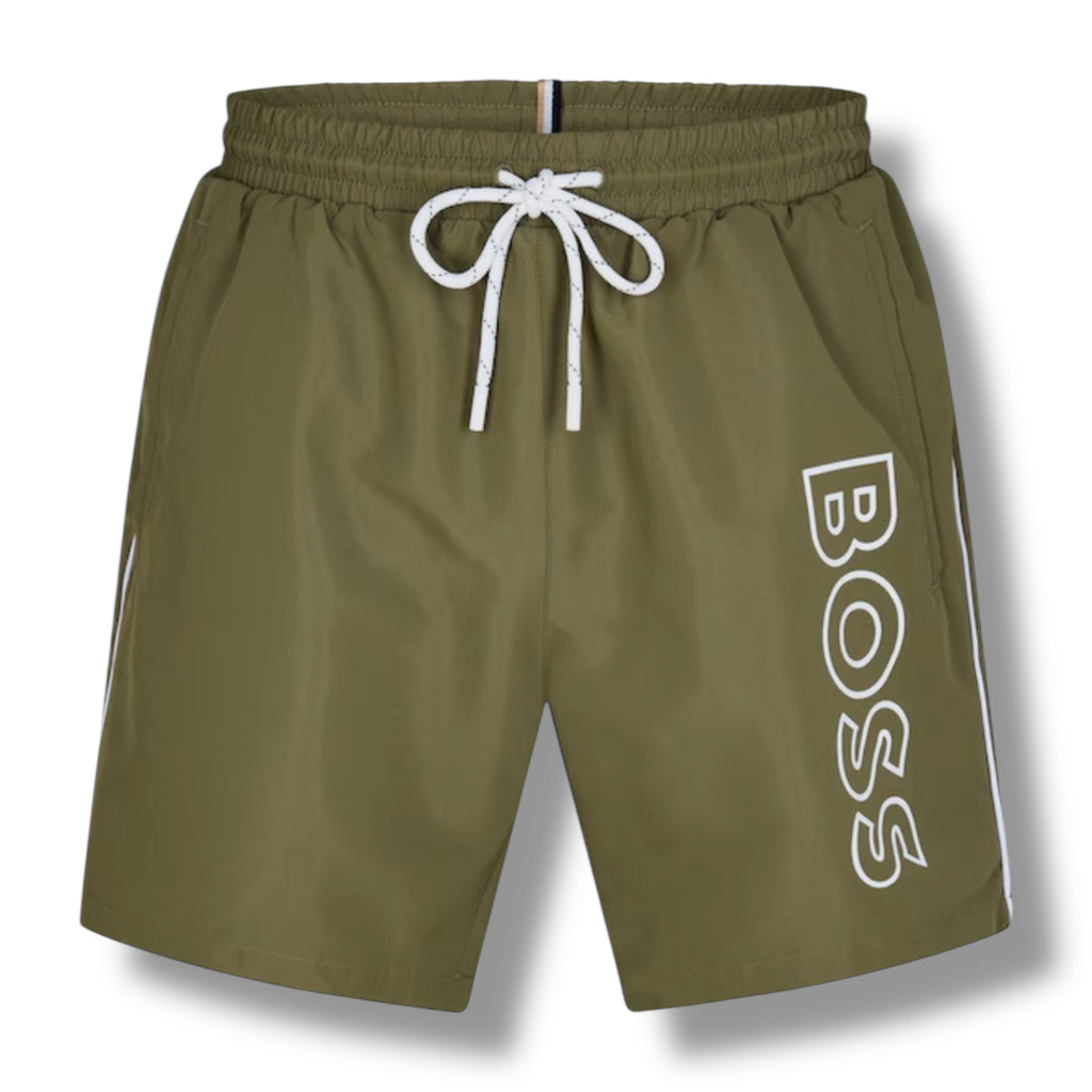 HUGO BOSS SMALL LOGO T-SHIRT & VERTI SWIM SHORTS SET WHITE & KHAKI GREEN