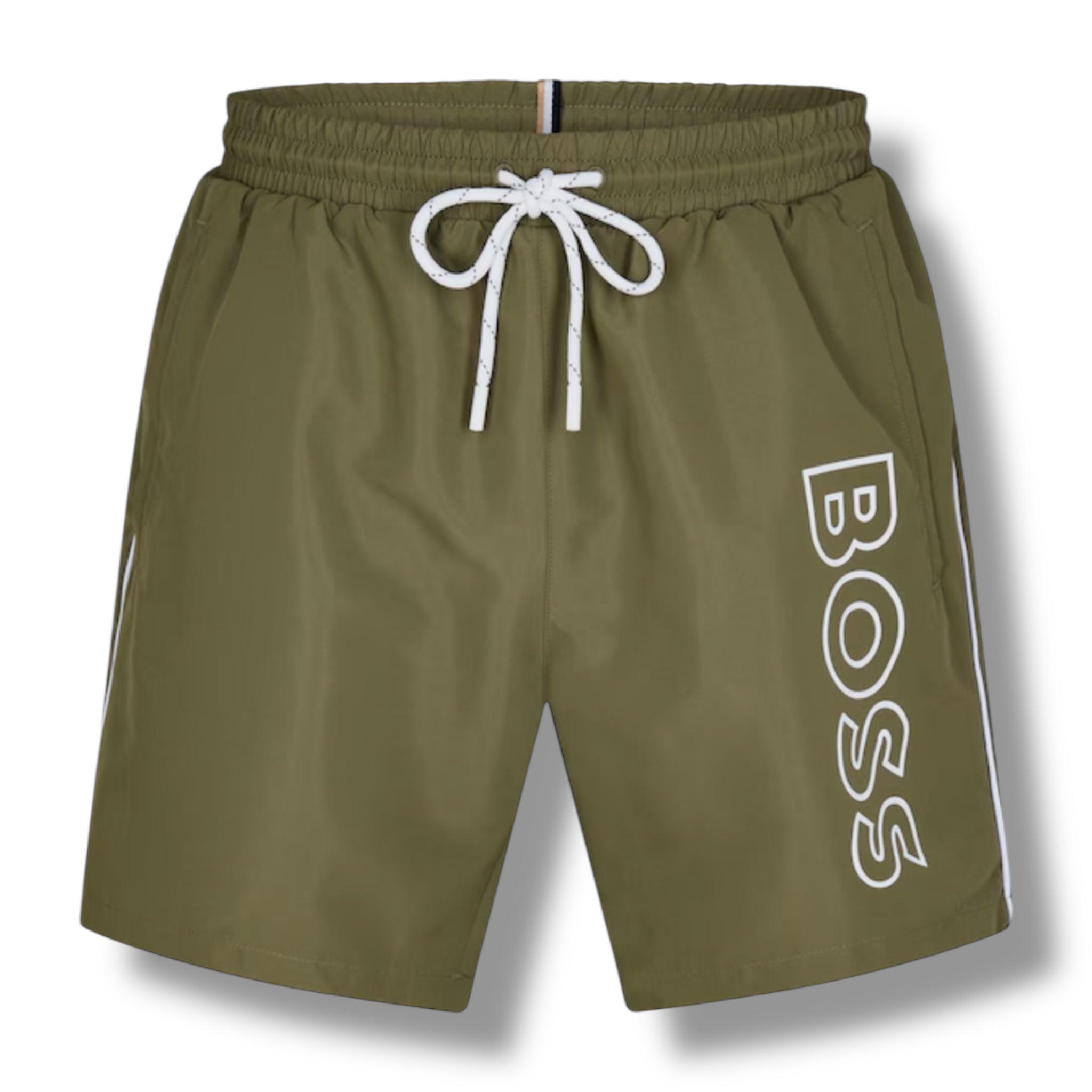 HUGO BOSS SMALL LOGO T-SHIRT & VERTI SWIM SHORTS SET WHITE & KHAKI GREEN