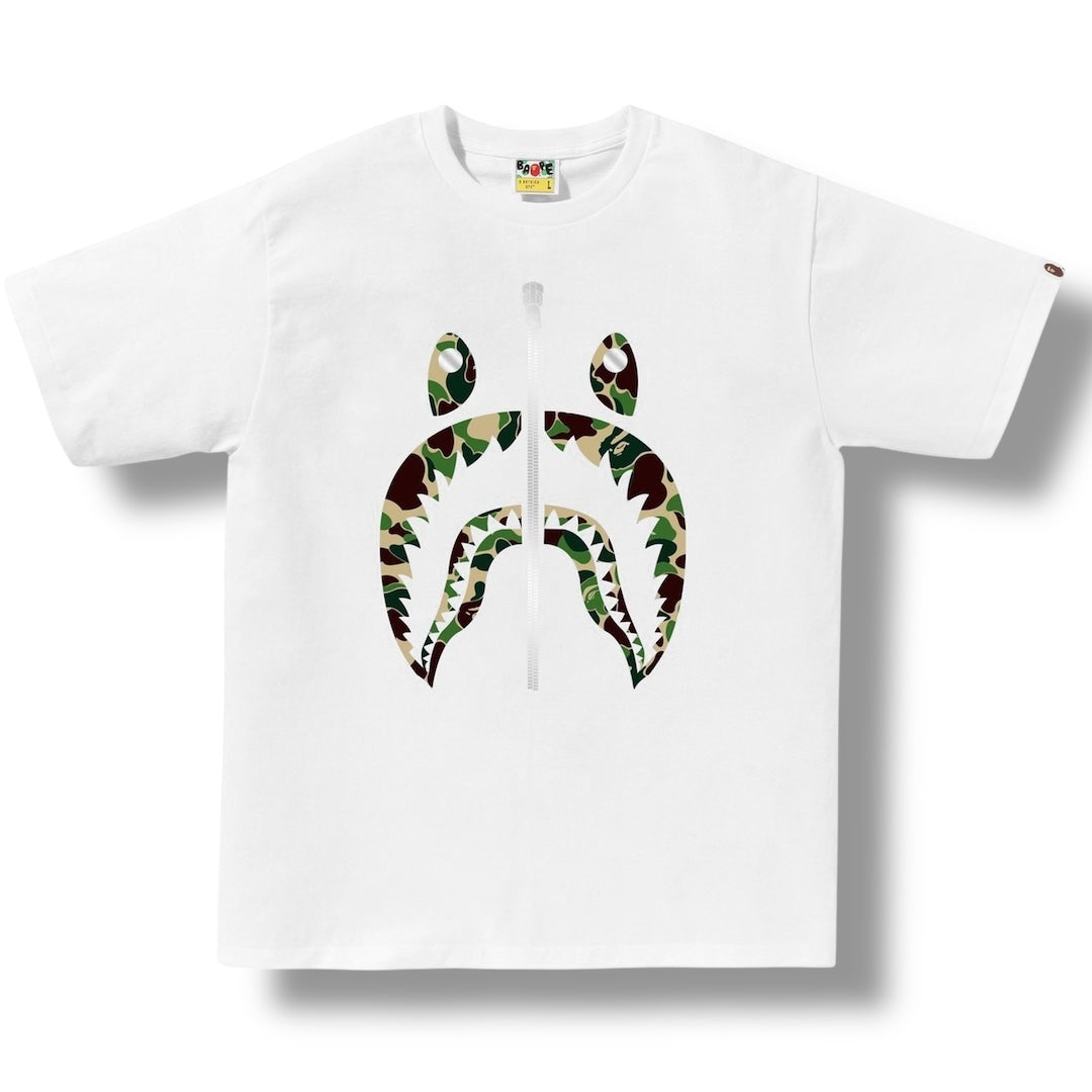 A BATHING APE BAPE ZIP CAMO SHARK T-SHIRT WHITE