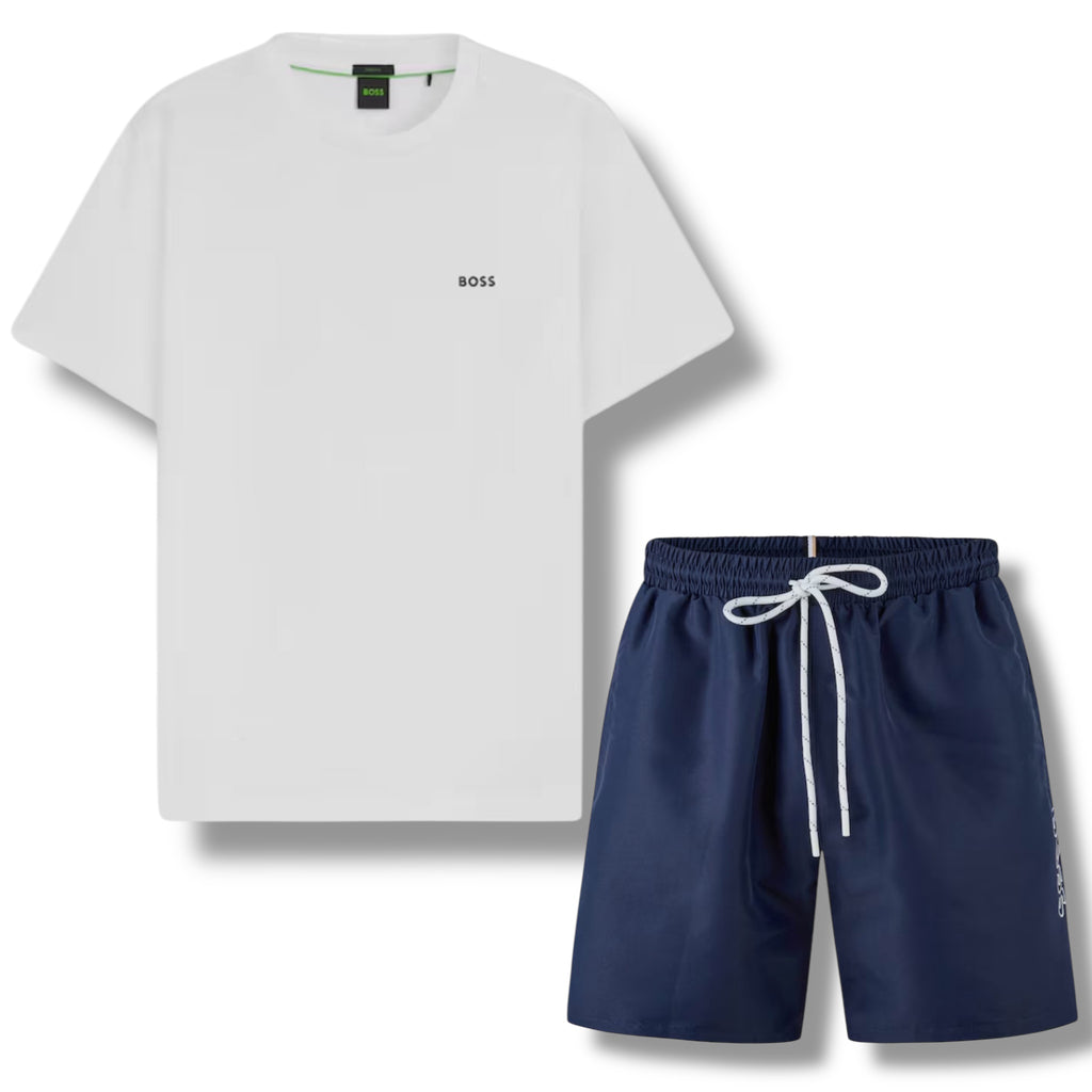 HUGO BOSS SMALL LOGO T-SHIRT & VERTI SWIM SHORTS SET WHITE & NAVY BLUE