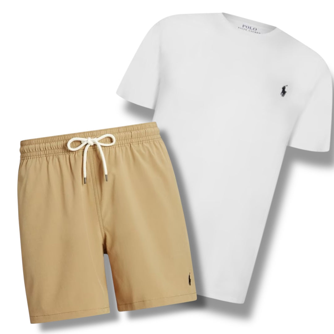 RALPH LAUREN T-SHIRT & SWIM SHORTS COMBO WHITE / BEIGE