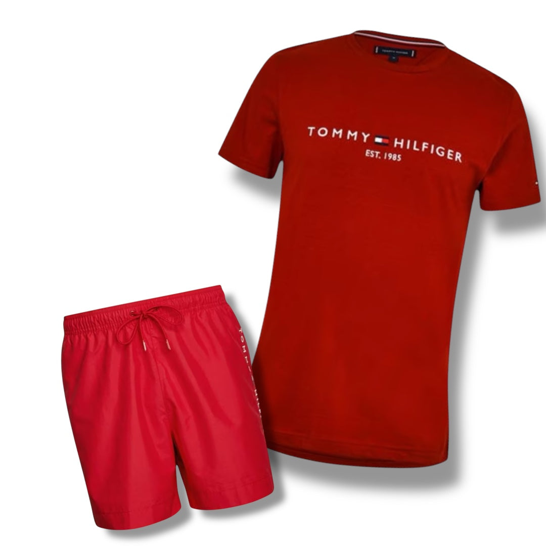 TOMMY HILFIGER EMBROIDERED LOGO T-SHIRT & SWIM SHORTS COMBO RED