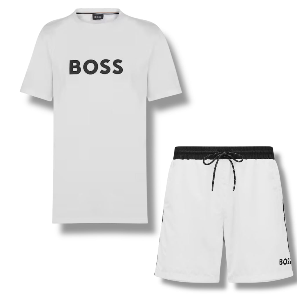 HUGO BOSS BIG LOGO T-SHIRT & SWIM SHORTS COMBO WHITE