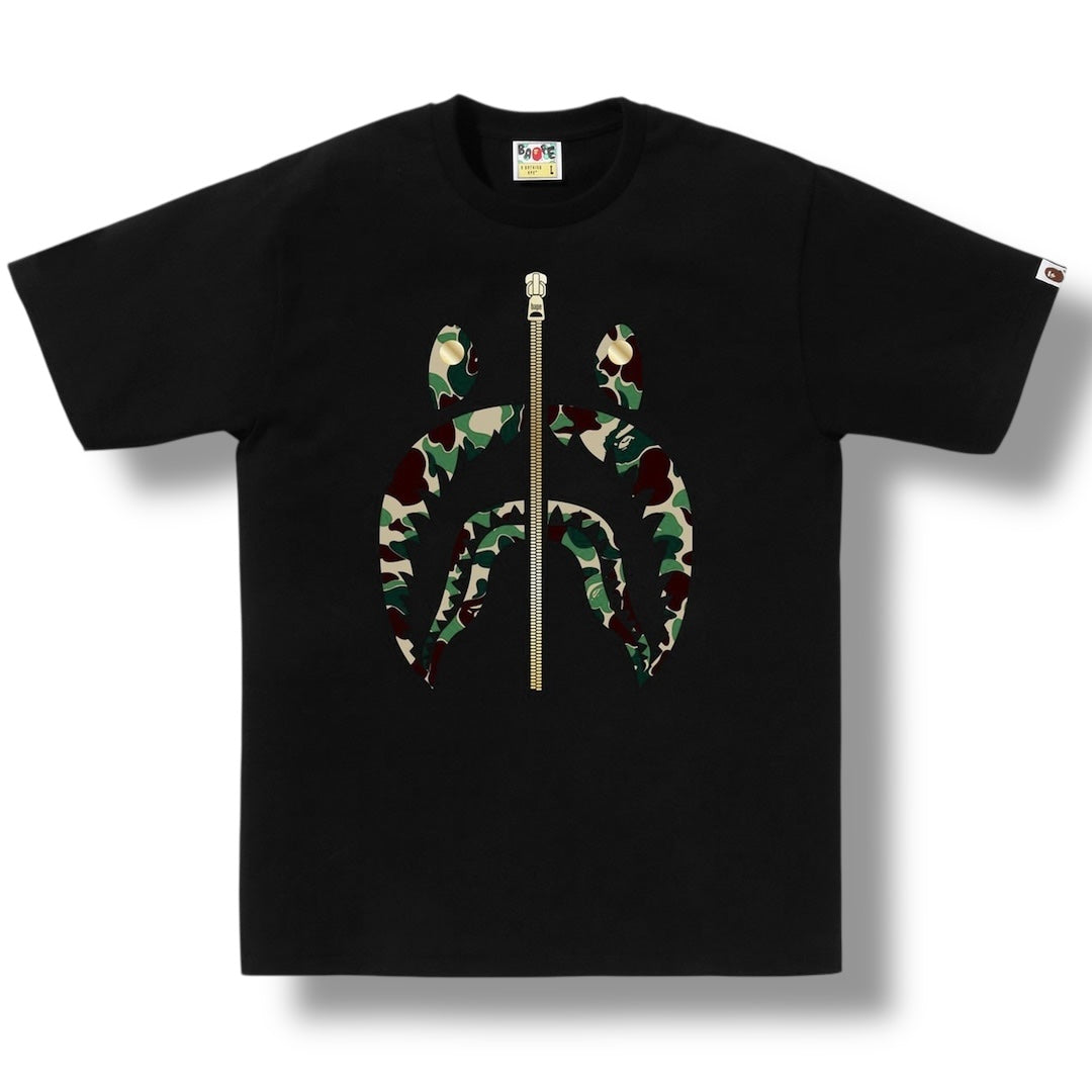 A BATHING APE BAPE ZIP CAMO SHARK T-SHIRT BLACK