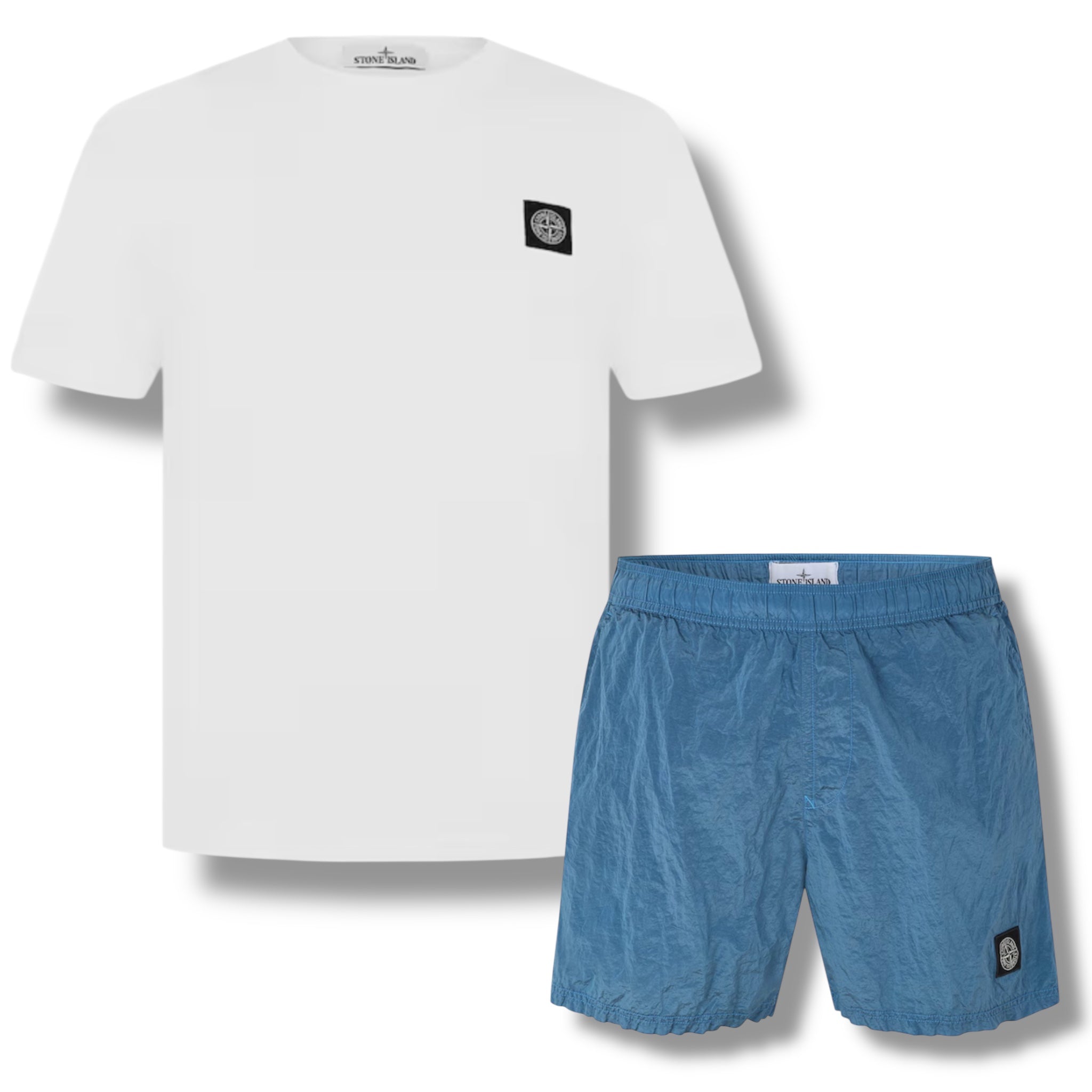 STONE ISLAND PATCH LOGO T-SHIRT & NYLON METAL SWIM SHORTS COMBO WHITE / BLUE