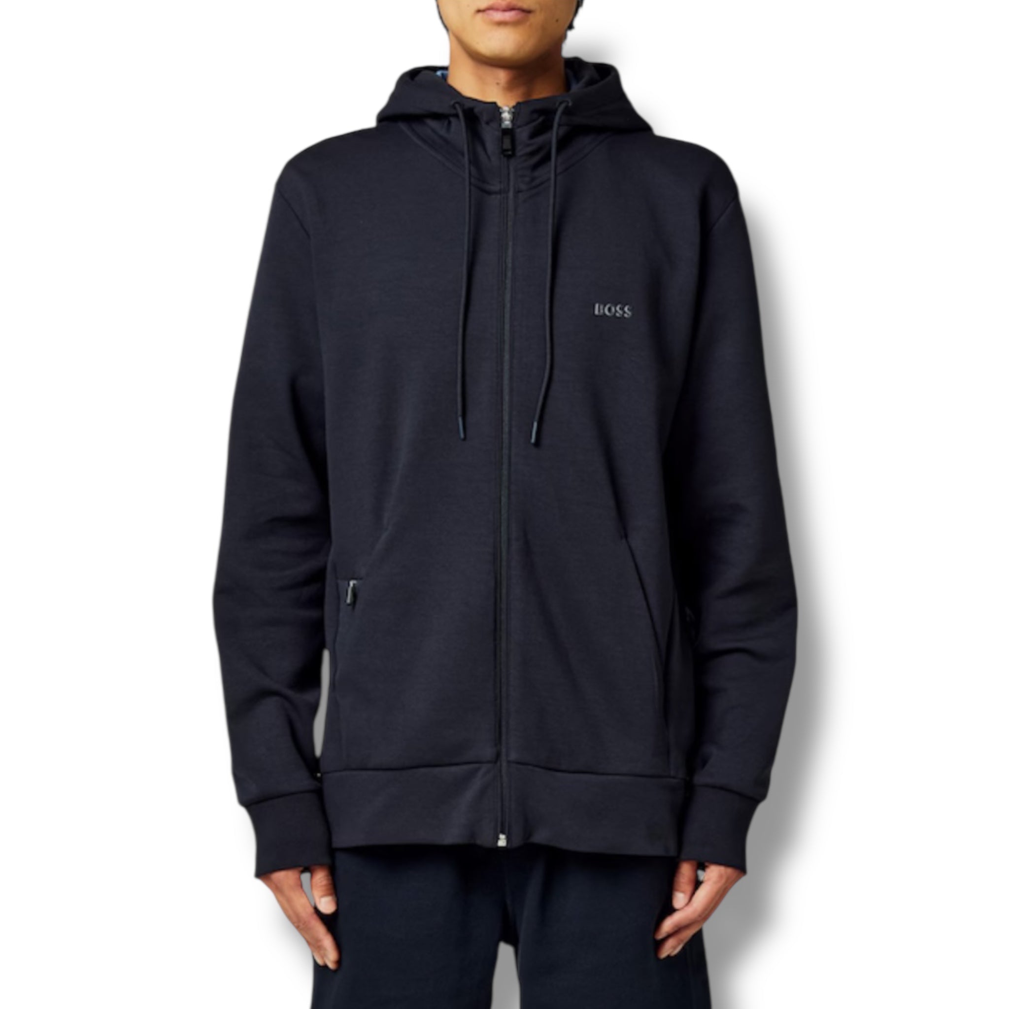HUGO BOSS CURVED LOGO FULL ZIP HOODED TRACKSUIT NAVY BLUE
