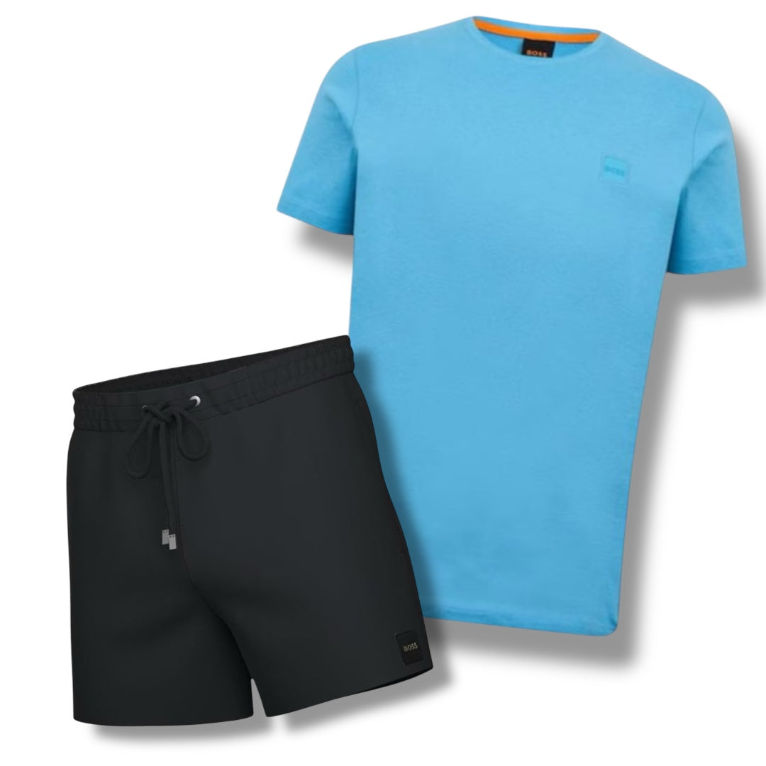 HUGO BOSS PATCH LOGO T-SHIRT & SWIM SHORTS COMBO OCEAN BLUE / BLACK