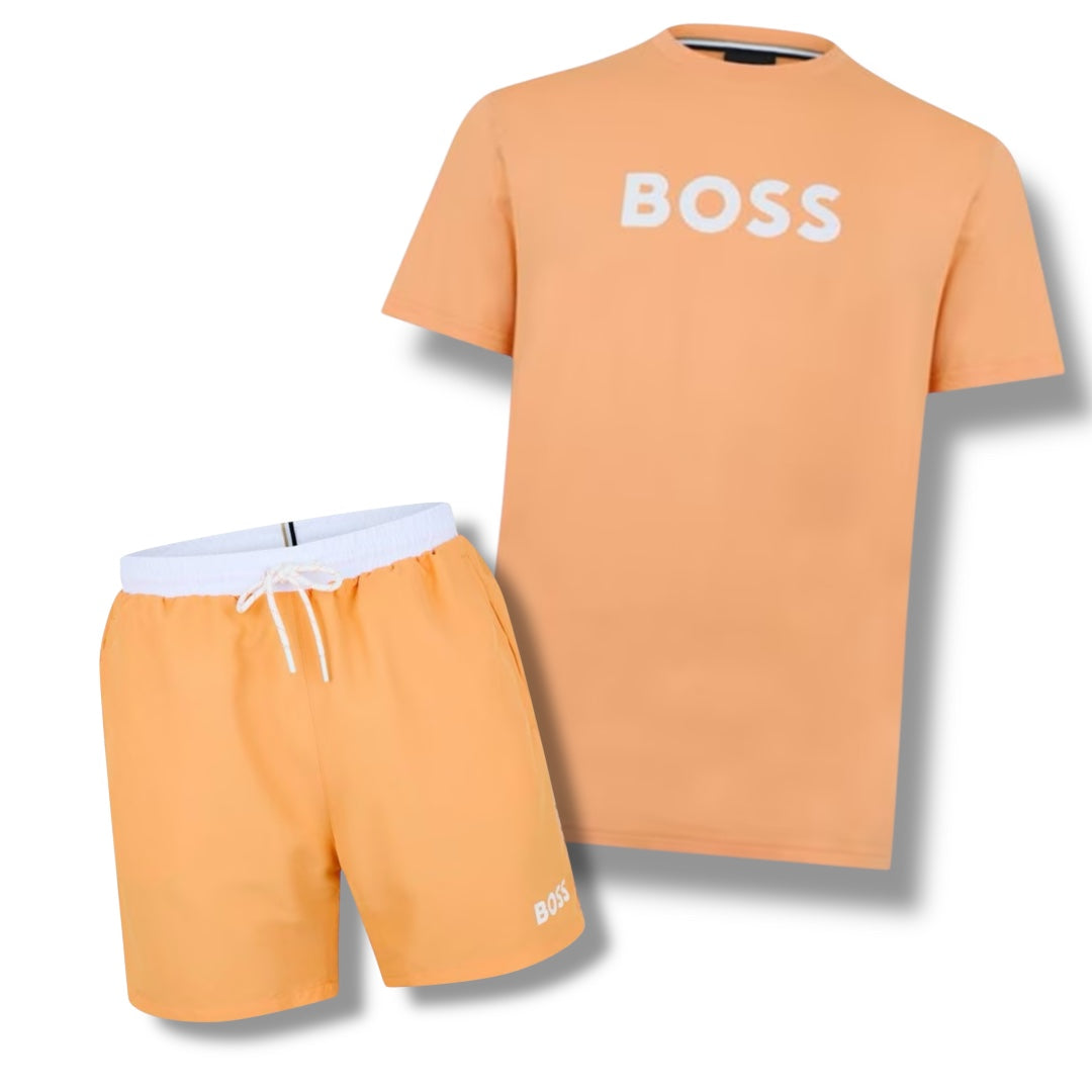HUGO BOSS BIG LOGO T-SHIRT & SWIM SHORTS COMBO ORANGE