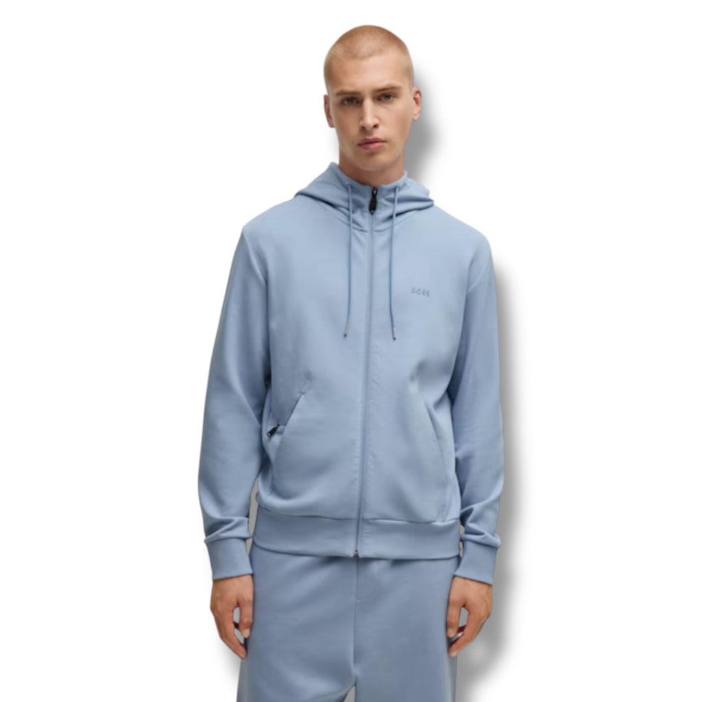 HUGO BOSS CURVED LOGO FULL ZIP HOODED TRACKSUIT LIGHT BLUE