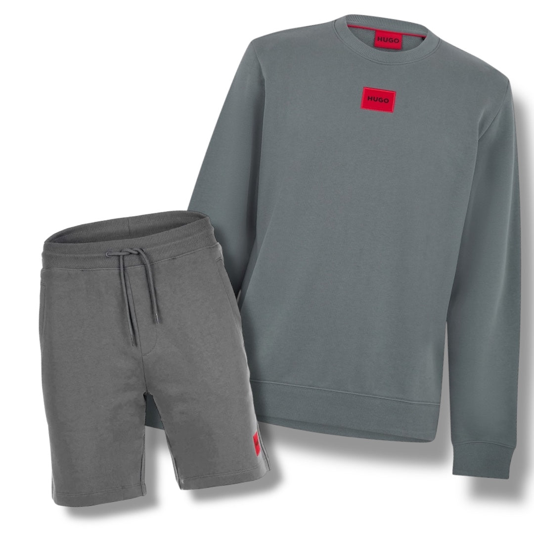 HUGO BOSS HUGO RED PATCH SWEATSHIRT & JERSEY SHORTS SET SLATE GREY