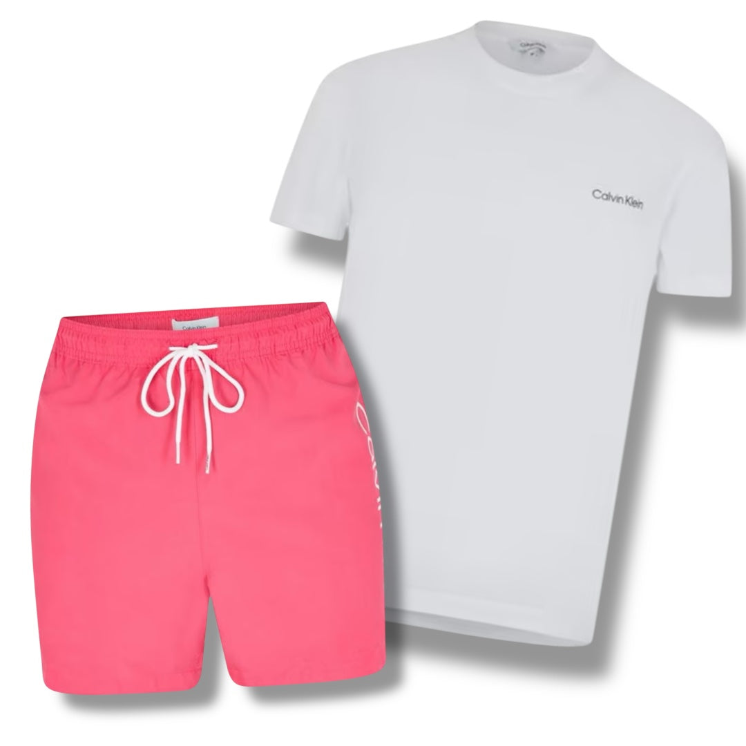 CALVIN KLEIN T-SHIRT & SWIM SHORTS COMBO WHITE / PINK
