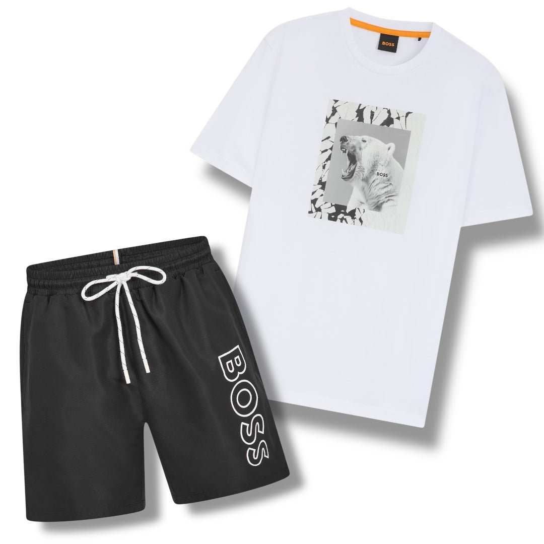 HUGO BOSS POLAR BEAR LOGO T-SHIRT & VERTI SWIM SHORTS SET WHITE & BLACK
