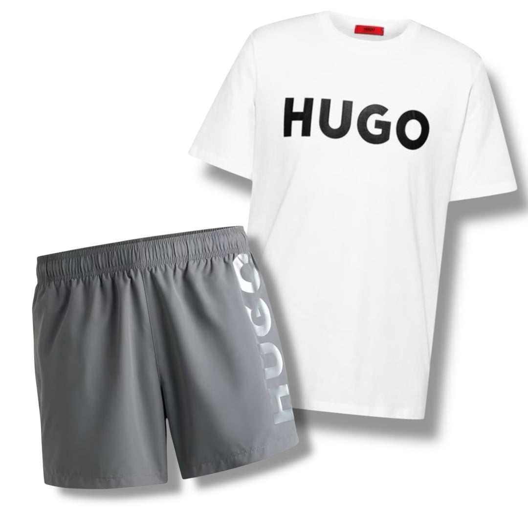 HUGO BIG LOGOT-SHIRT & VERTI SWIM SHORTS COMBO WHITE / GREY