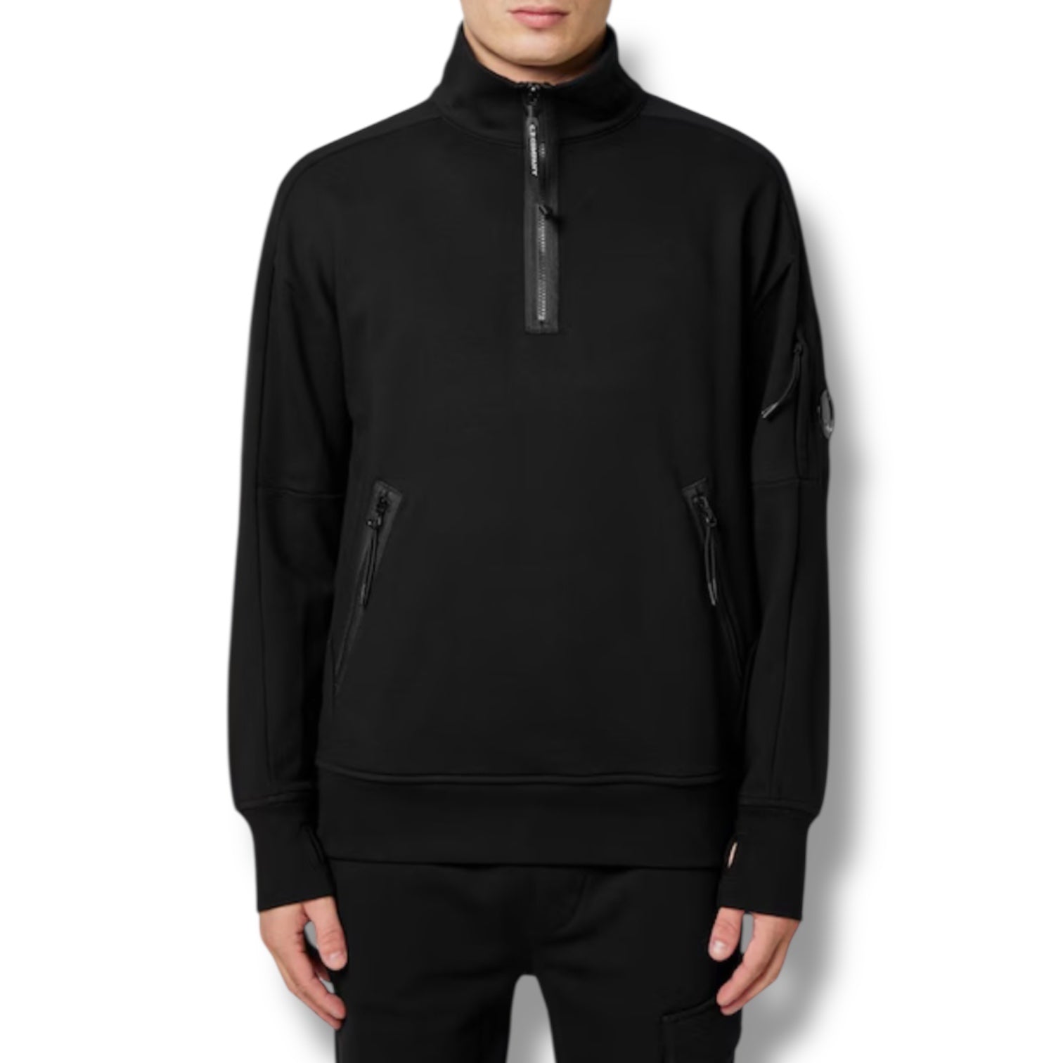 CP COMPANY LENS ARM 1/4 ZIP SWEATSHIRT BLACK