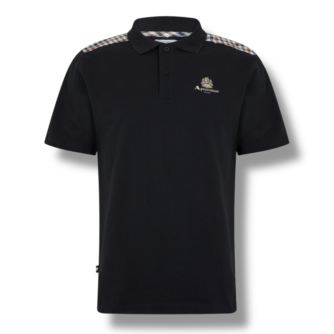 AQUASCUTUM CHECK SHOULDER TRIM POLO SHIRT BLACK