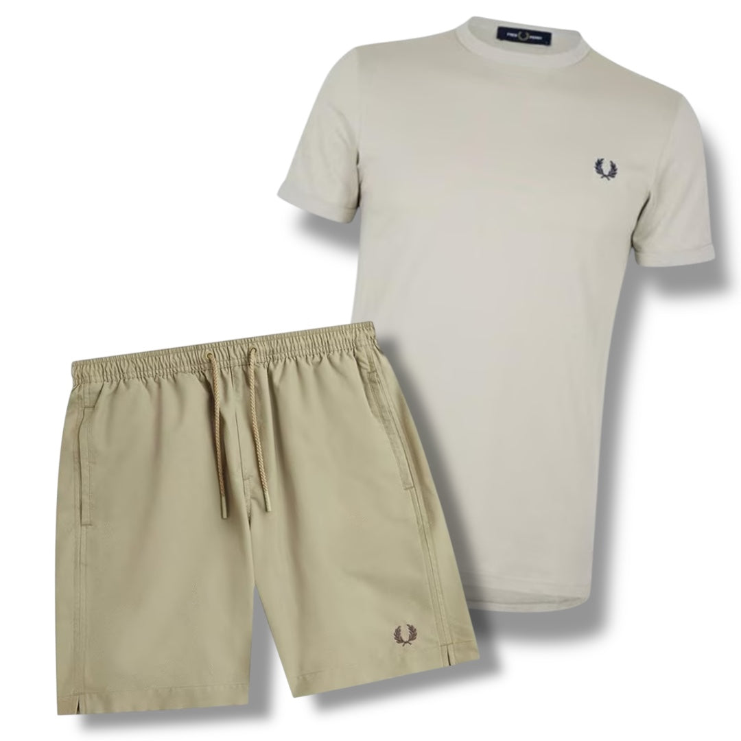 FRED PERRY T-SHIRT & SWIM SHORTS COMBO BEIGE