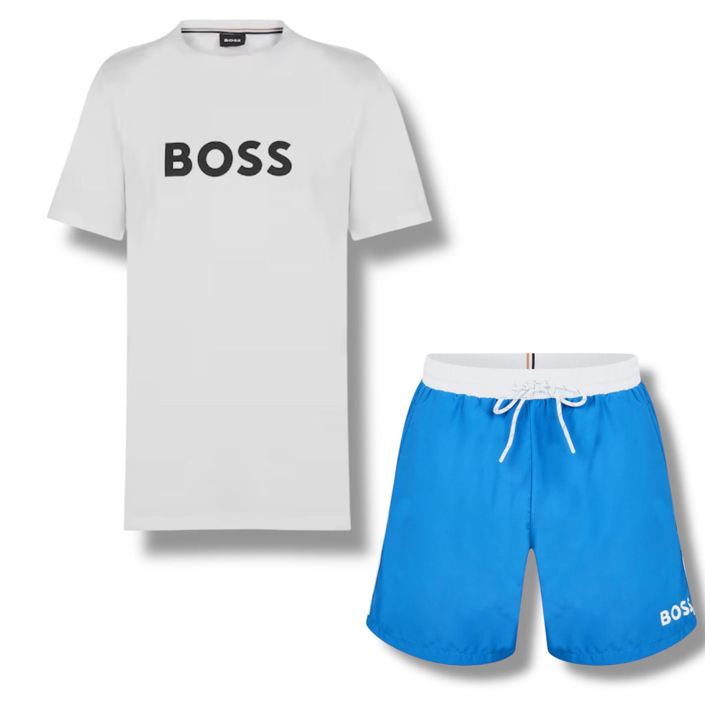 HUGO BOSS BIG LOGO T-SHIRT & SWIM SHORTS COMBO WHITE & ROYAL BLUE