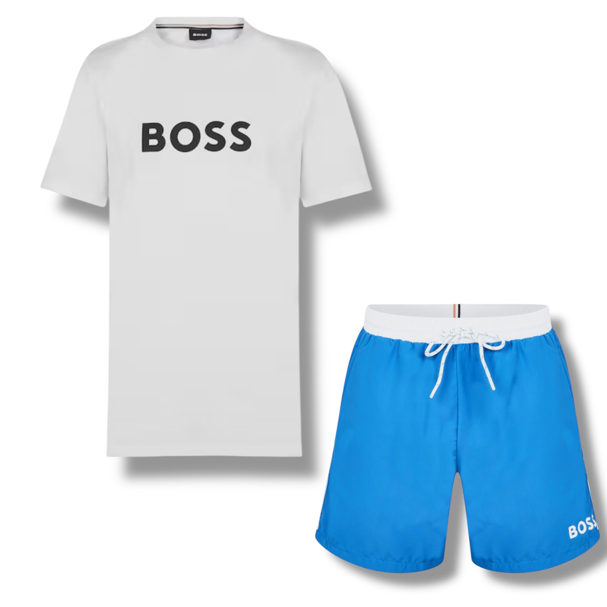 HUGO BOSS BIG LOGO T-SHIRT & SWIM SHORTS COMBO WHITE & ROYAL BLUE