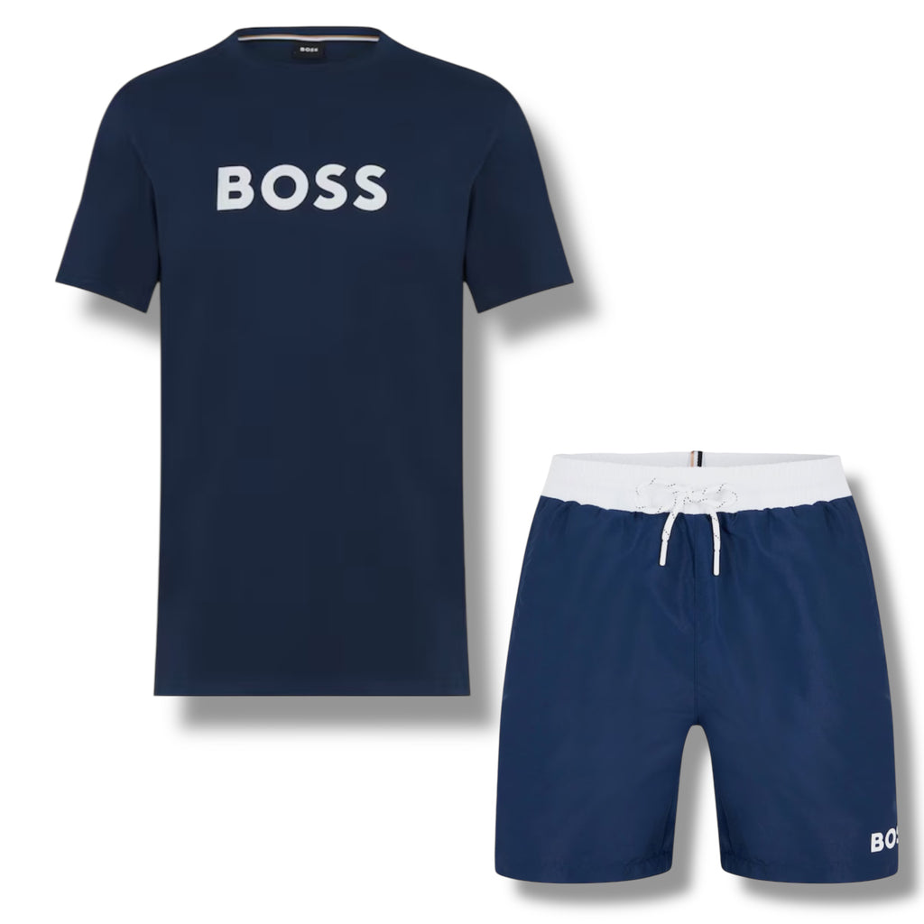 HUGO BOSS BIG LOGO T-SHIRT & SWIM SHORTS COMBO NAVY BLUE