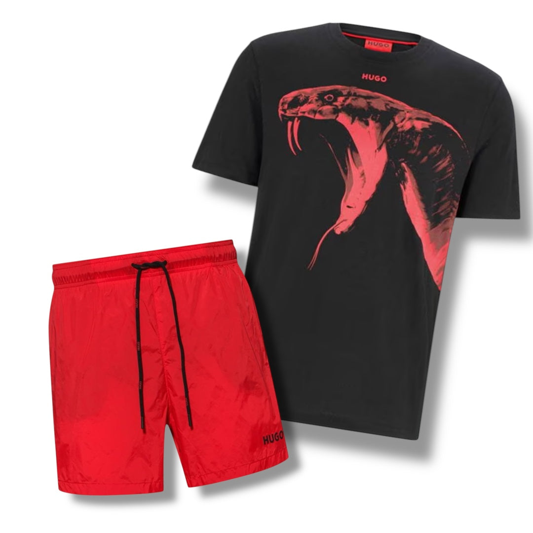 HUGO SNAKE HEAD T-SHIRT & SWIM SHORTS COMBO BLACK / RED