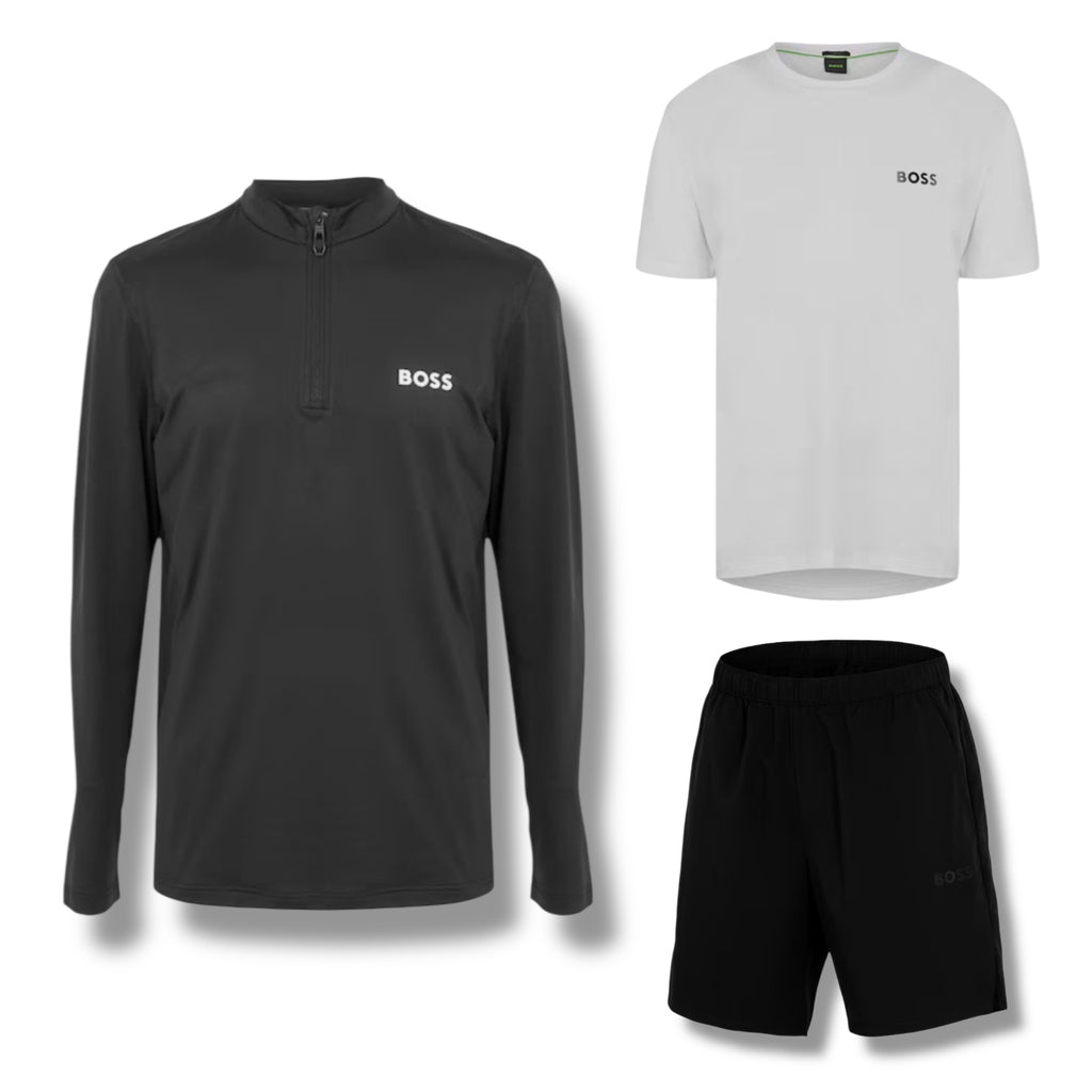 HUGO BOSS GYM KIT TRIPLE SET TECH 1/4 ZIP - T-SHIRT & SHORTS BLACK & WHITE