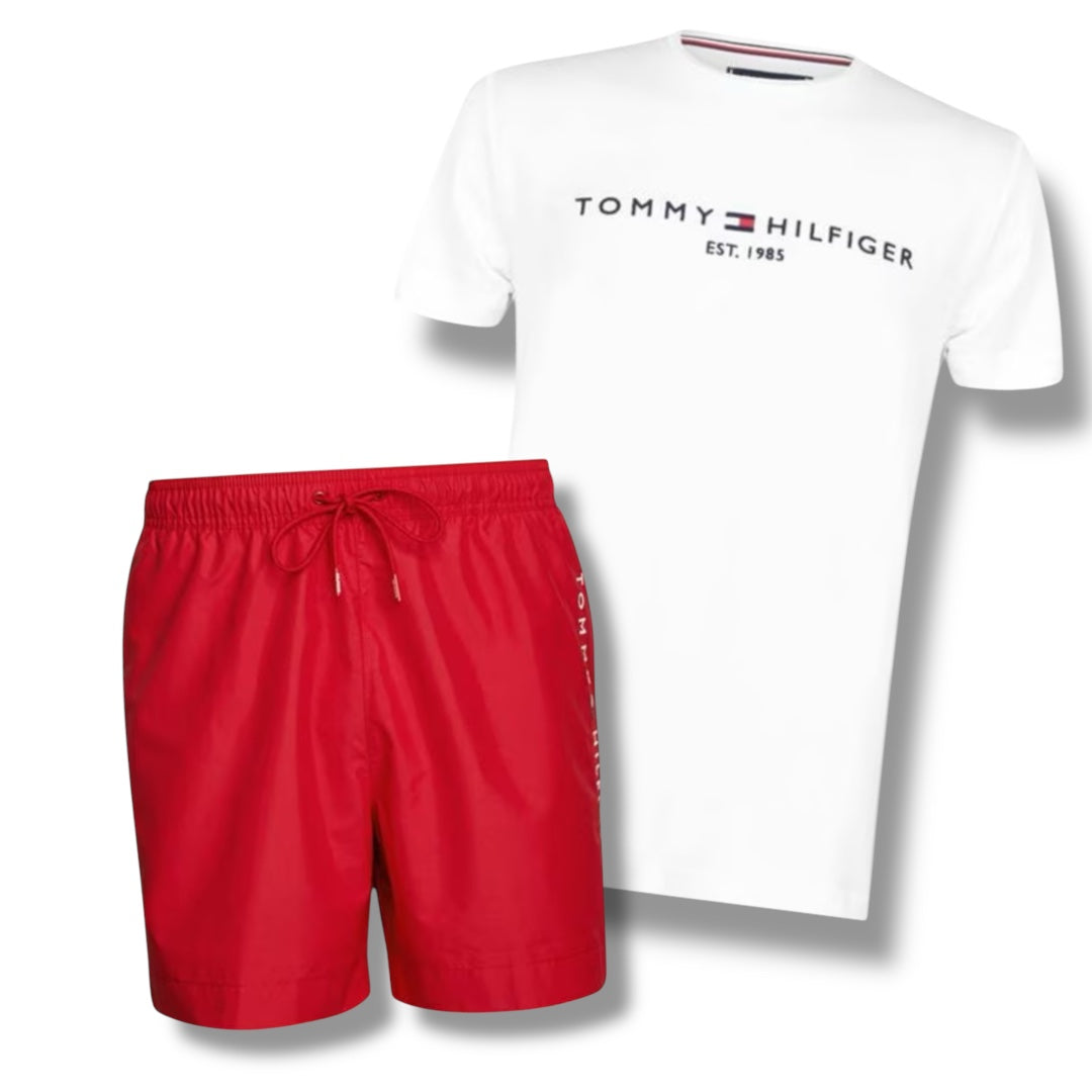 TOMMY HILFIGER EMBROIDERED LOGO T-SHIRT & SWIM SHORTS COMBO WHITE / RED