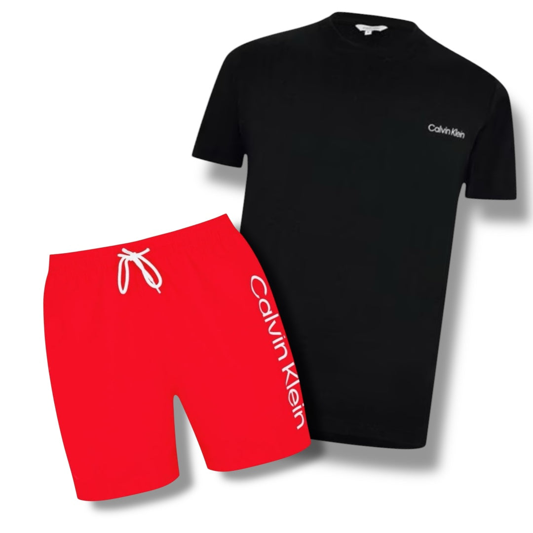 CALVIN KLEIN T-SHIRT & SWIM SHORTS COMBO BLACK / RED