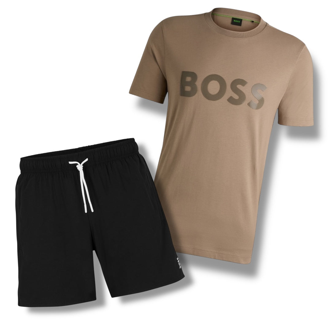 HUGO BOSS MIRROR T-SHIRT & TRI STRIPE SWIM SHORTS SET BROWN & BLACK