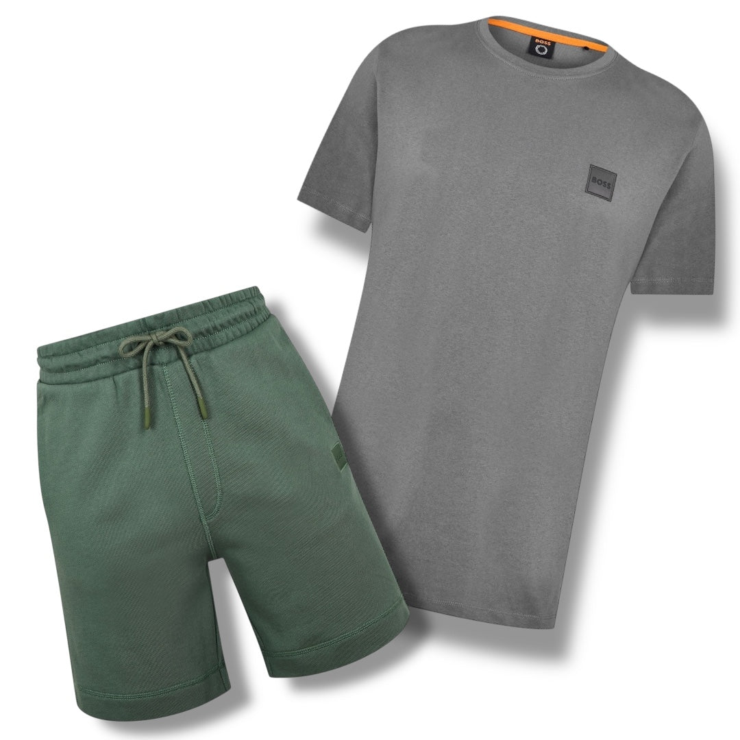 HUGO BOSS PATCH T-SHIRT & JERSEY SHORTS SET SLATE GREY & GREEN