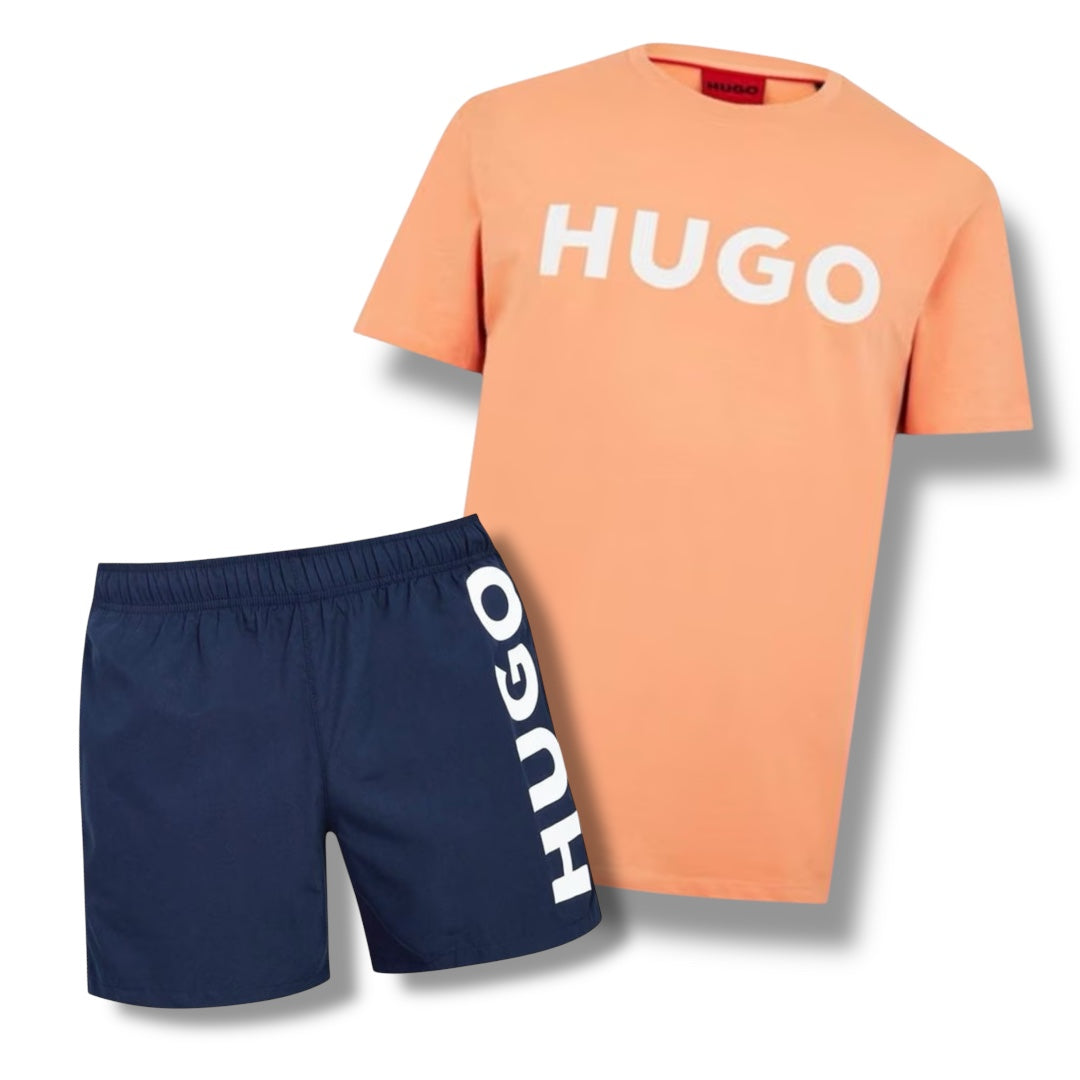 HUGO BIG LOGO T-SHIRT & VERTI SWIM SHORTS COMBO ORANGE / NAVY