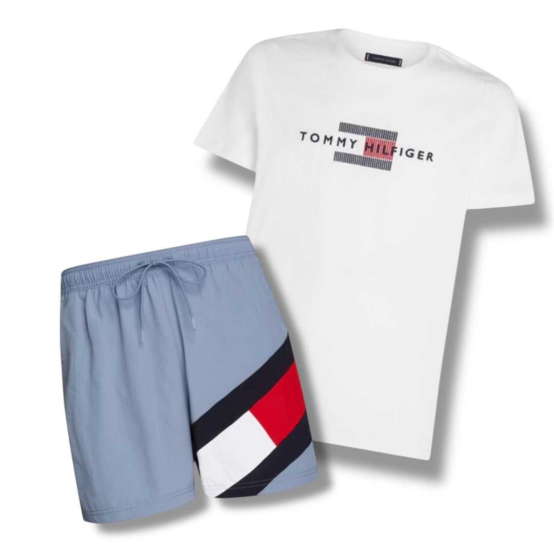 TOMMY HILFIGER FLAG LOGO T-SHIRT & SWIM SHORTS COMBO WHITE / LIGHT BLUE
