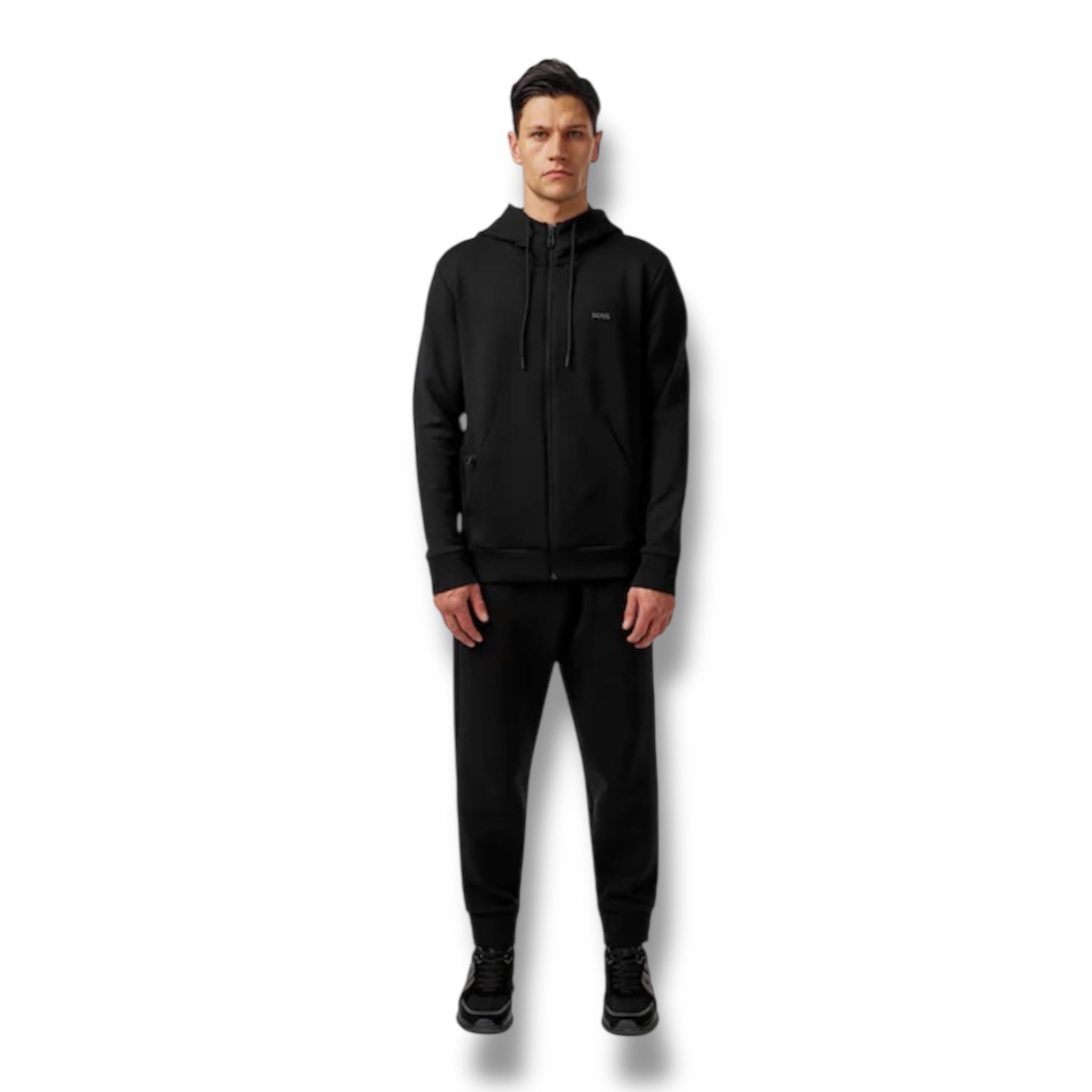 HUGO BOSS CURVED LOGO FULL ZIP HOODED TRACKSUIT BLACK
