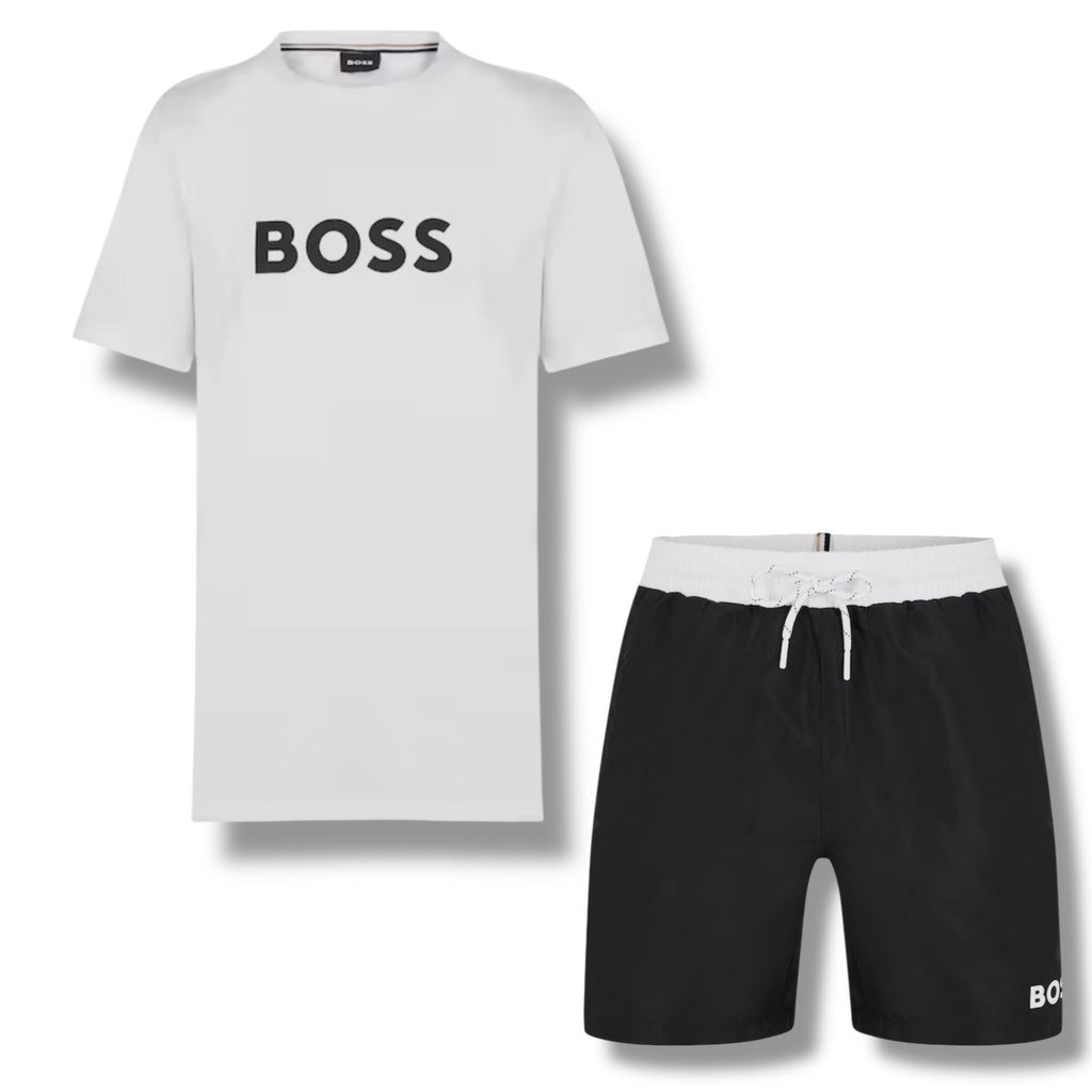 HUGO BOSS BIG LOGO T-SHIRT & SWIM SHORTS COMBO WHITE & BLACK