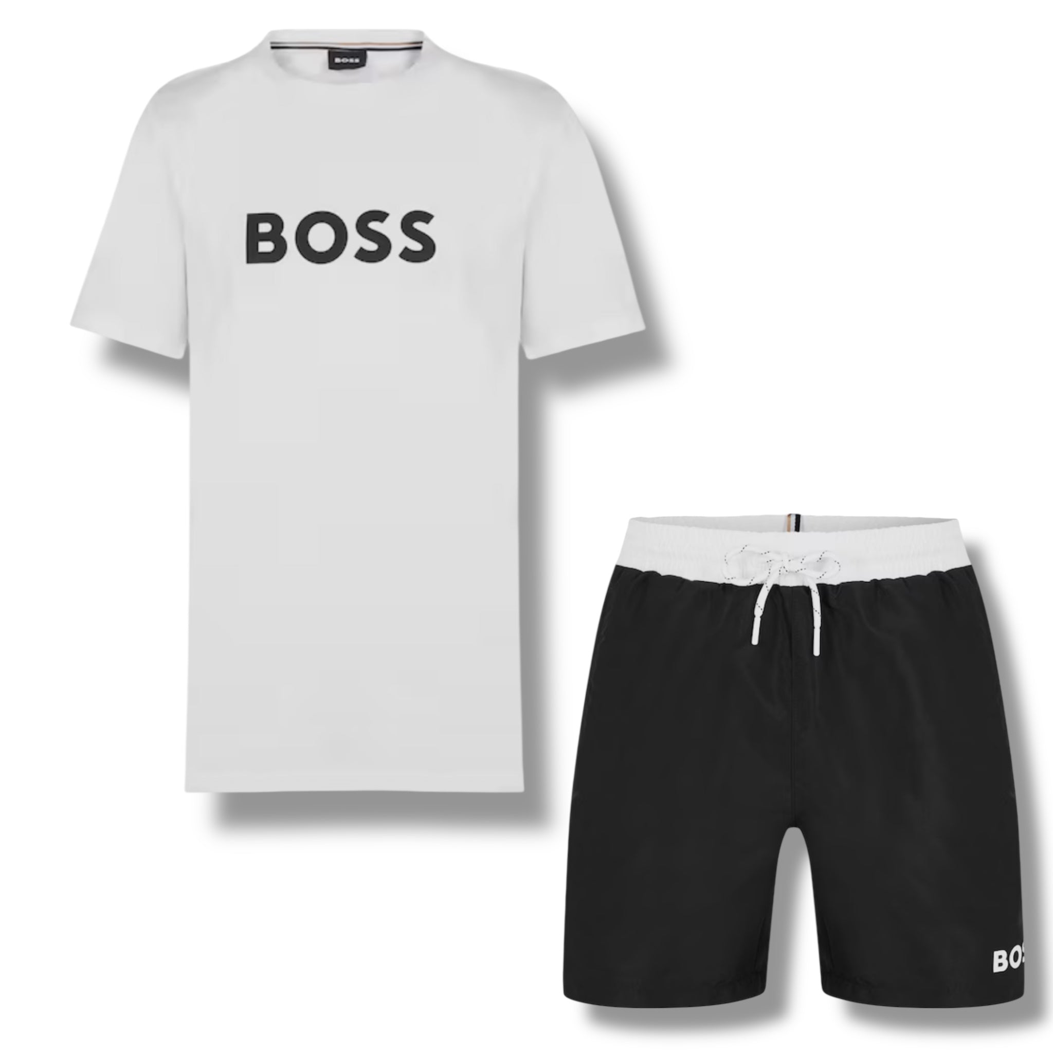 HUGO BOSS BIG LOGO T-SHIRT & SWIM SHORTS COMBO WHITE & BLACK