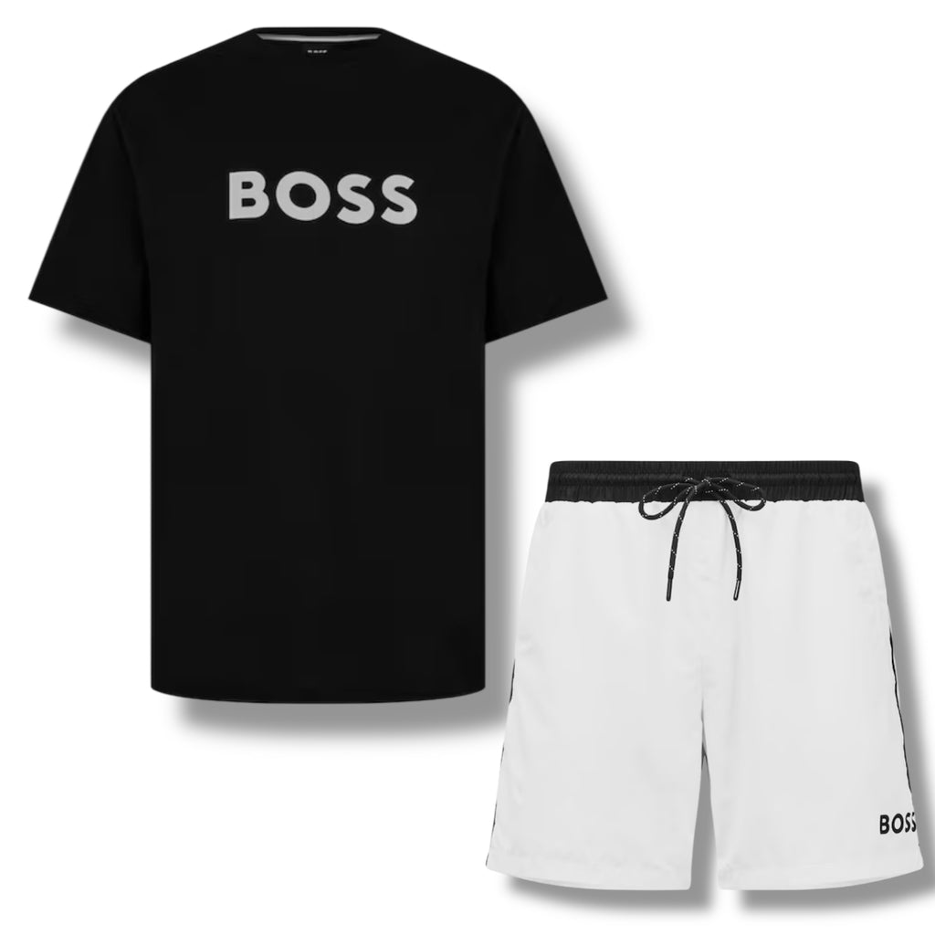 HUGO BOSS BIG LOGO T-SHIRT & SWIM SHORTS COMBO BLACK & WHITE