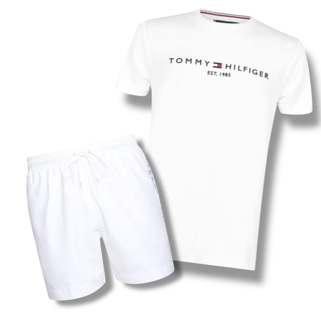 TOMMY HILFIGER EMBROIDERED LOGO T-SHIRT & SWIM SHORTS COMBO WHITE