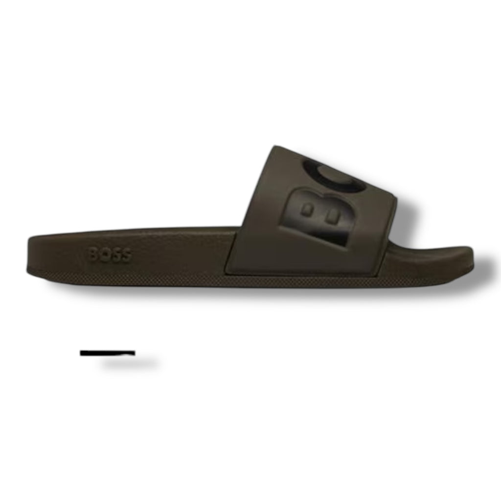 HUGO BOSS LOGO POOL SLIDERS KHAKI GREEN