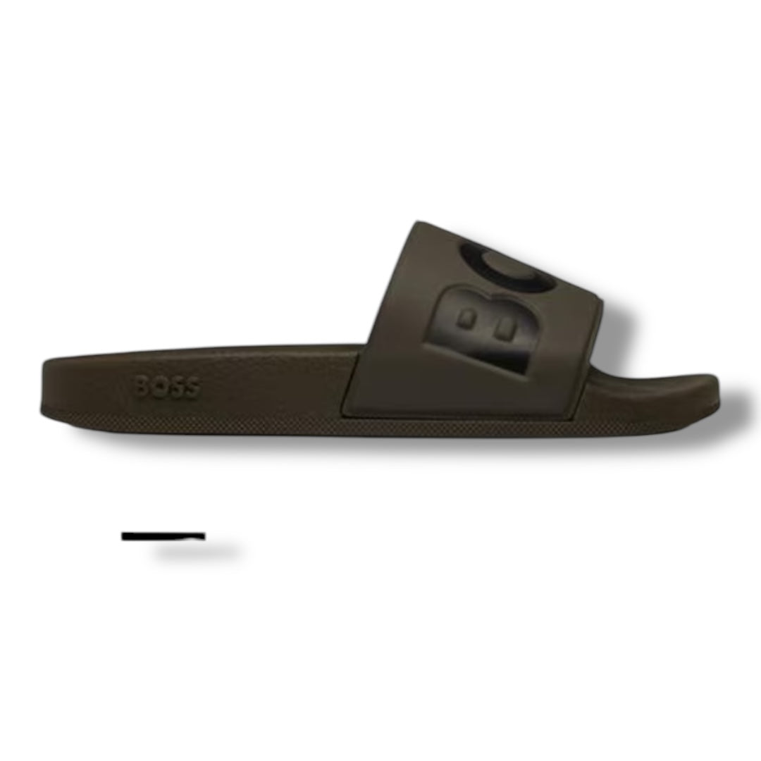 HUGO BOSS LOGO POOL SLIDERS KHAKI GREEN