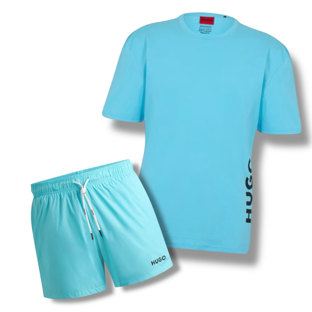 HUGO VERTI LOGO T-SHIRT & VERTI SWIM SHORTS COMBO TURQUOISE