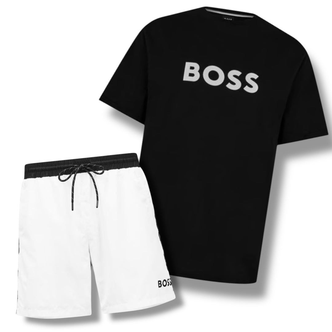 HUGO BOSS BIG LOGO T-SHIRT & SWIM SHORTS COMBO BLACK / WHITE