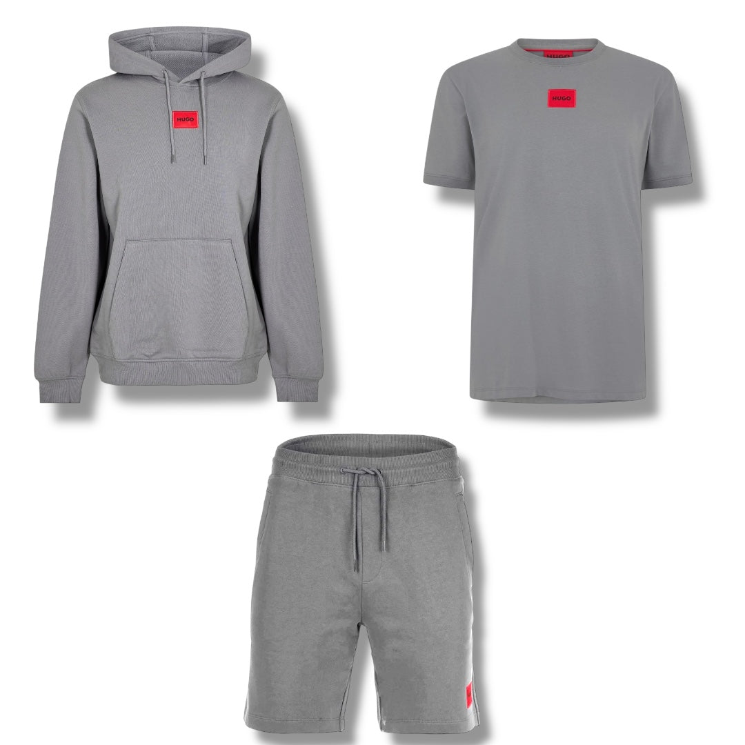 HUGO BOSS HUGO RED PATCH HOODIE - T-SHIRT & JERSEY SHORTS TRIPLE SET SLATE GREY