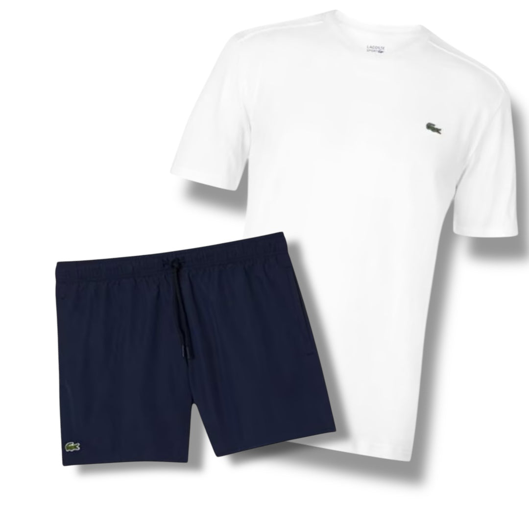 LACOSTE CROC LOGO T-SHIRT & SWIM SHORTS COMBO WHITE / NAVY