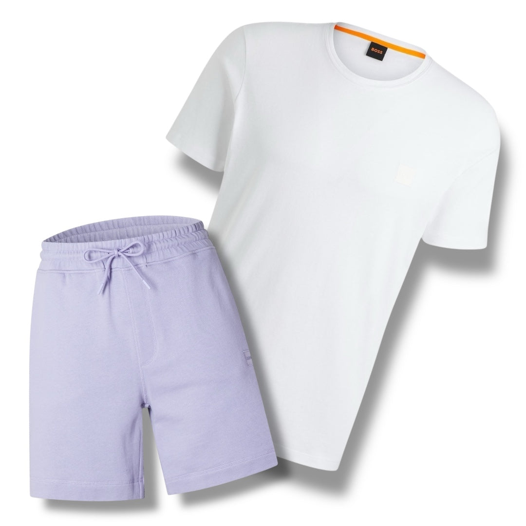 HUGO BOSS PATCH T-SHIRT & JERSEY SHORTS SET WHITE & LILAC