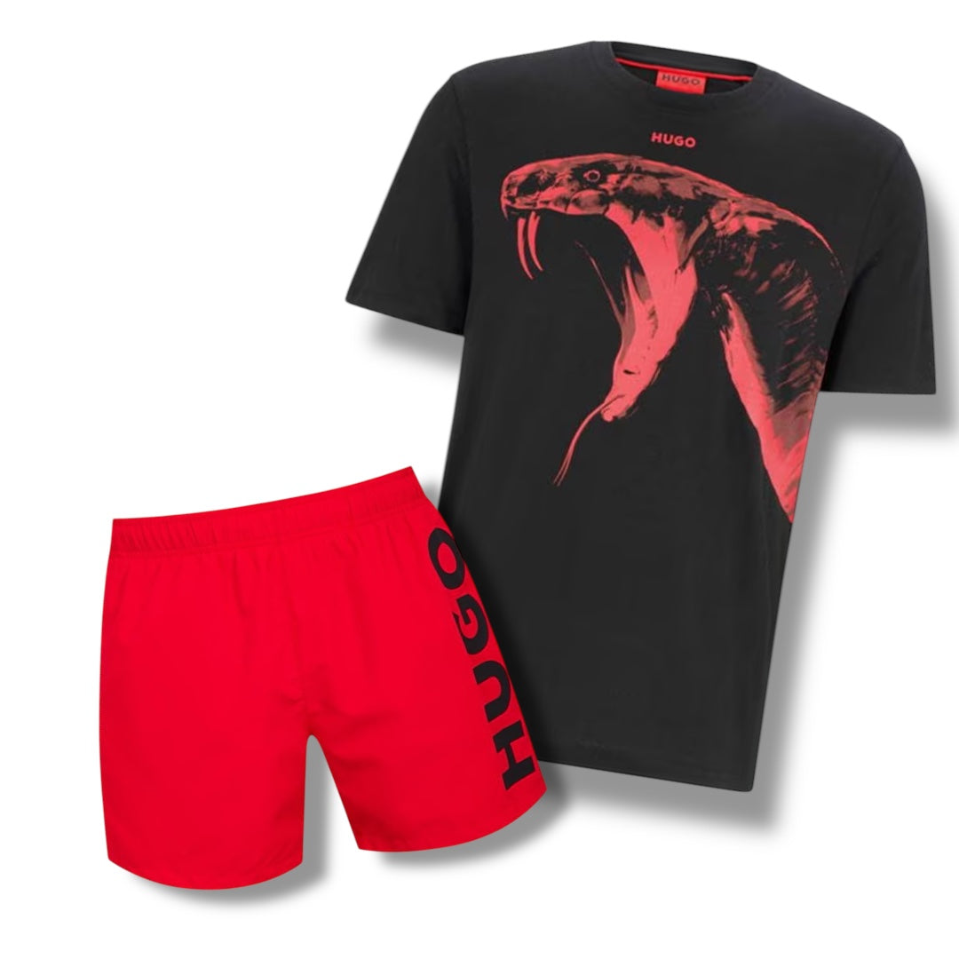 HUGO SNAKE HEAD T-SHIRT & VERTI SWIM SHORTS COMBO BLACK / RED