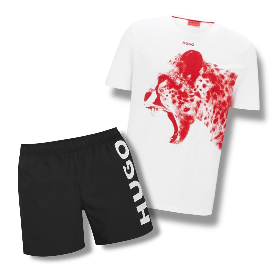 HUGO CHEETAH T-SHIRT & VERTI SWIM SHORTS SET WHITE / BLACK